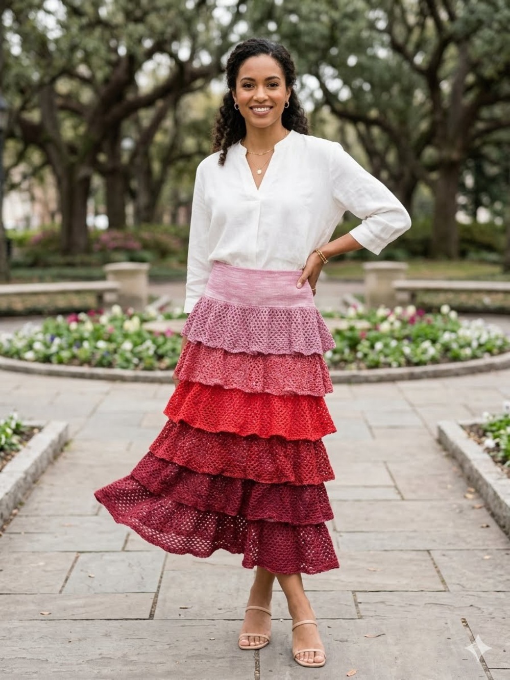 Le Lis Ombre Tiered Crochet Maxi Skirt in Pink and Red